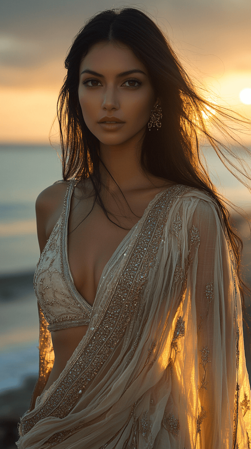 AI generated: A hyperrealistic breathtakingly beautiful Indian woman— her form radiating celestial grace. She stan...