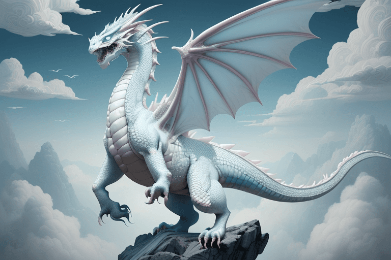 AI generated: white clouded dragon wallpaper the fantasy, in the style of fang lijun, gray and cyan, filip hodas, ...