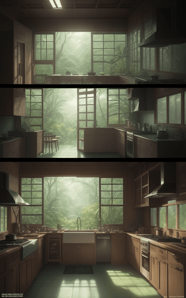 AI generated: kitchen interiors showing all the cupboards and utensils with big window looking out tropical forest...