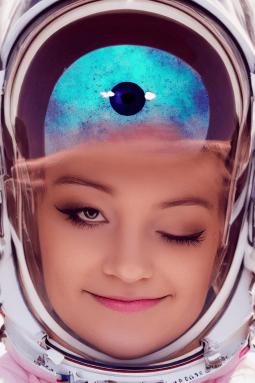 AI generated: close up portrait photo of a young astronaut girl, ((( sitting on a pink cloud))), full body , ultra...