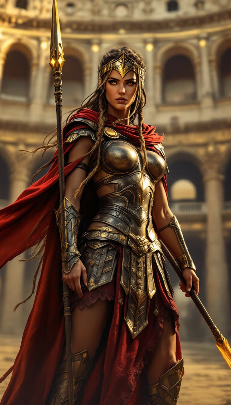 AI generated: Dynamic angle, full body view, realistic, female Spartan warrior, long, braided hair, bronze plated ...