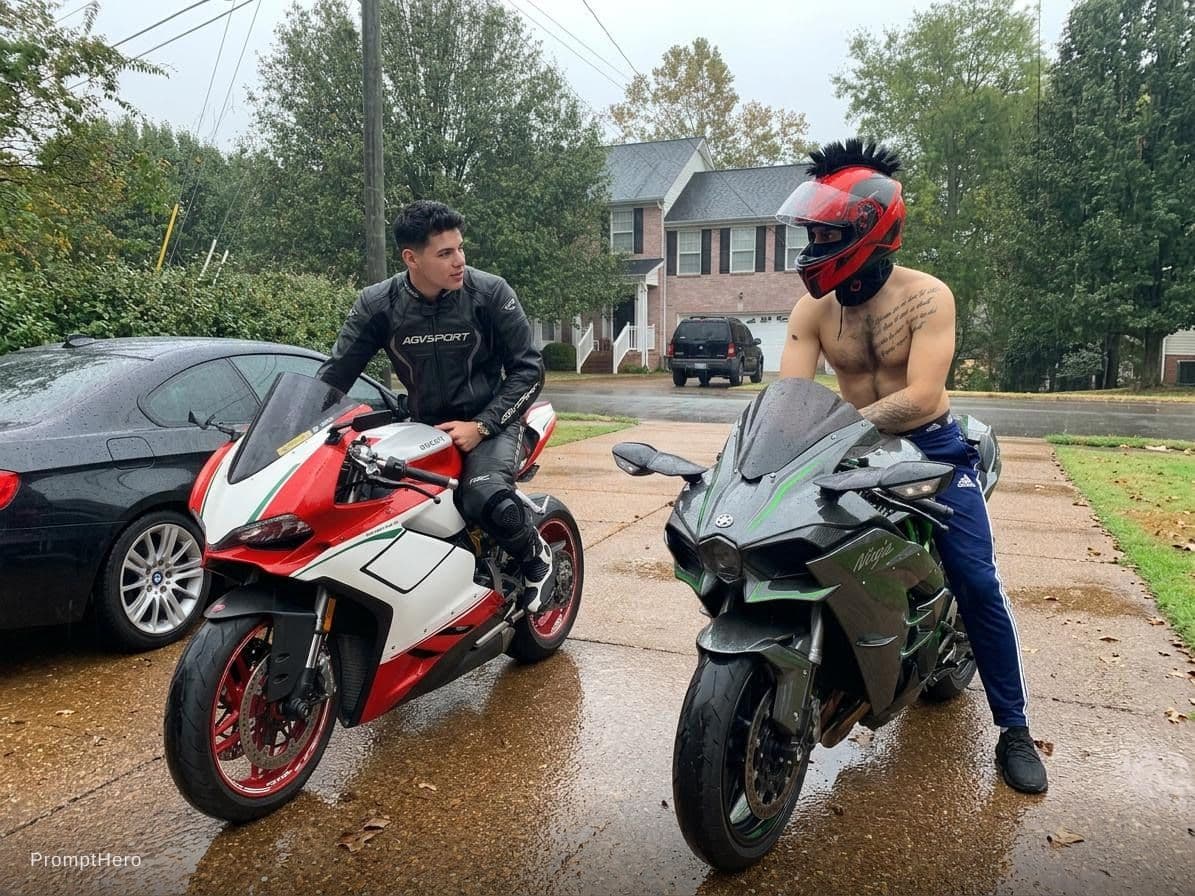 AI generated: Please add me on this bike beside me my friend looking to each other at the uploaded photo place, ge...