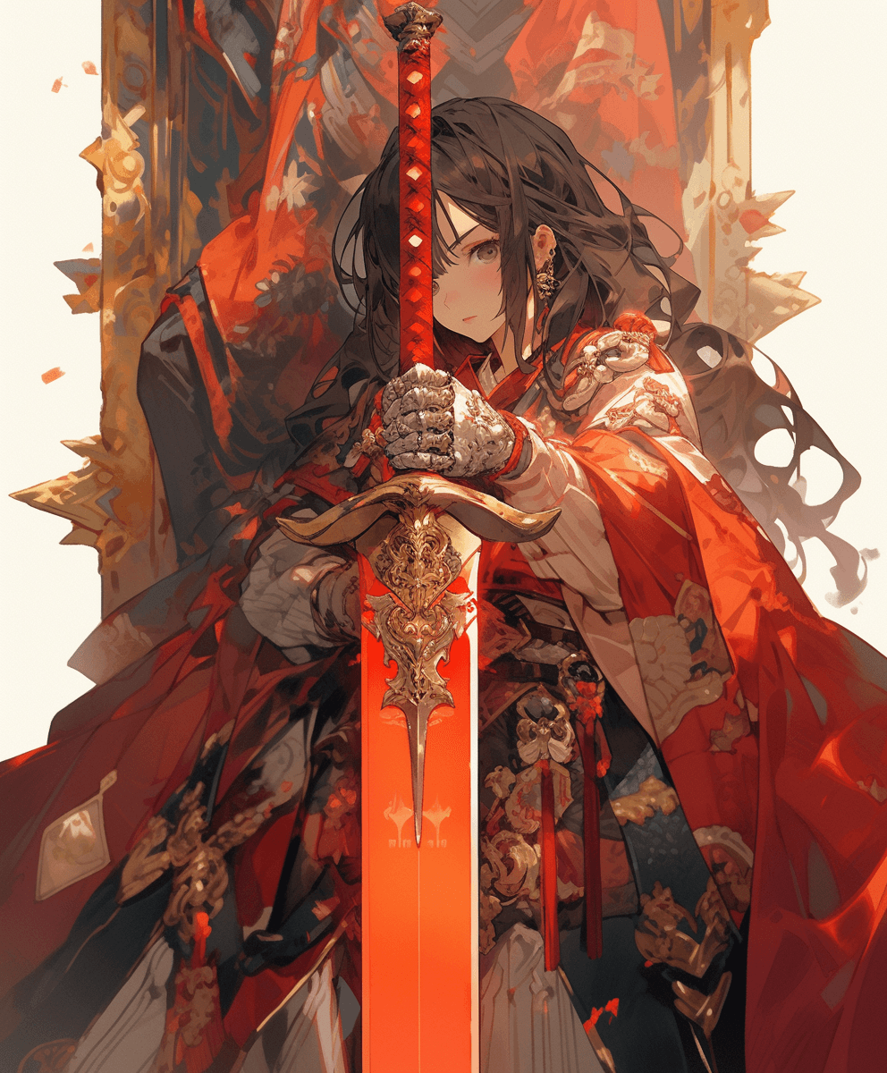 AI generated: a cute girl holding a sword and smuggled away for several feet, in the style of yuumei, dark orange ...
