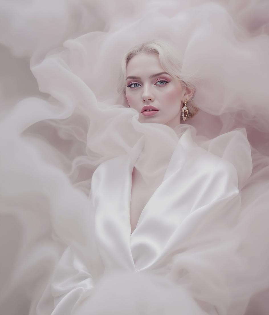 AI generated: "Fine art photograph. Refined, features, graceful and elegant, amidst swirling mist. Crisp white sil...