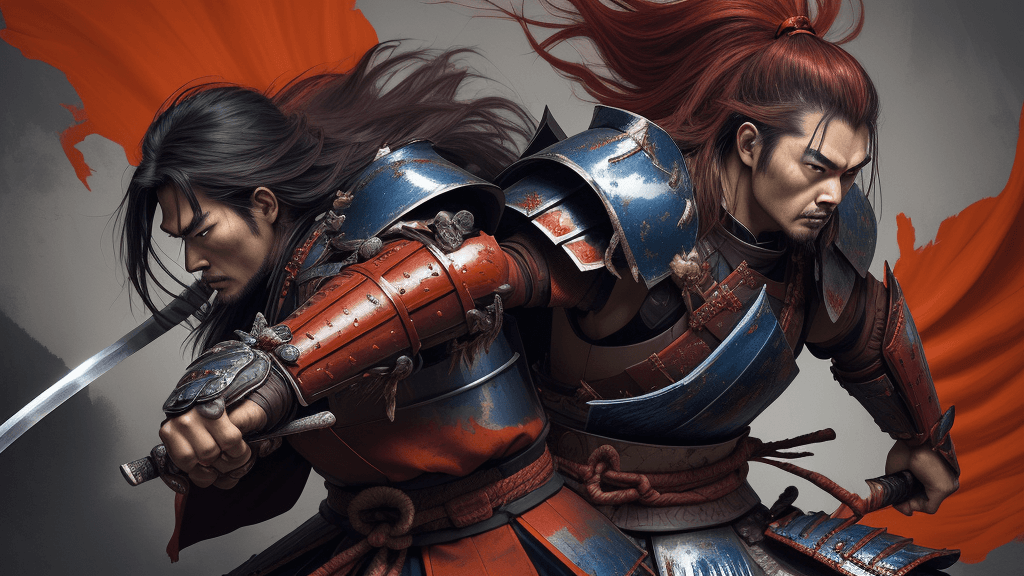 AI generated: a powerful male samurai warrior with a stoic expression and gleaming armor worn at the edges vibrant...