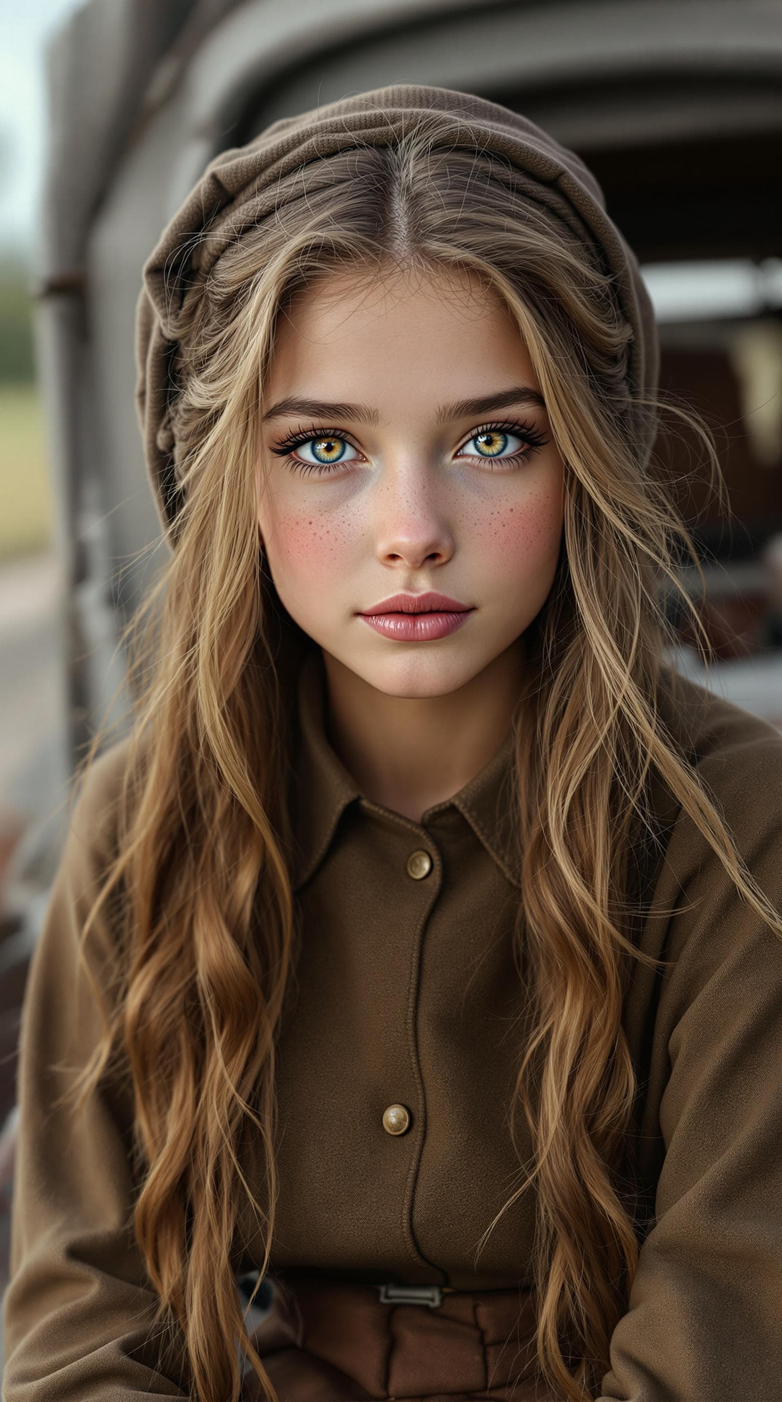 AI generated: A professional photograph capturing an extraordinarily beautiful Amish girl in second grade, rendere...