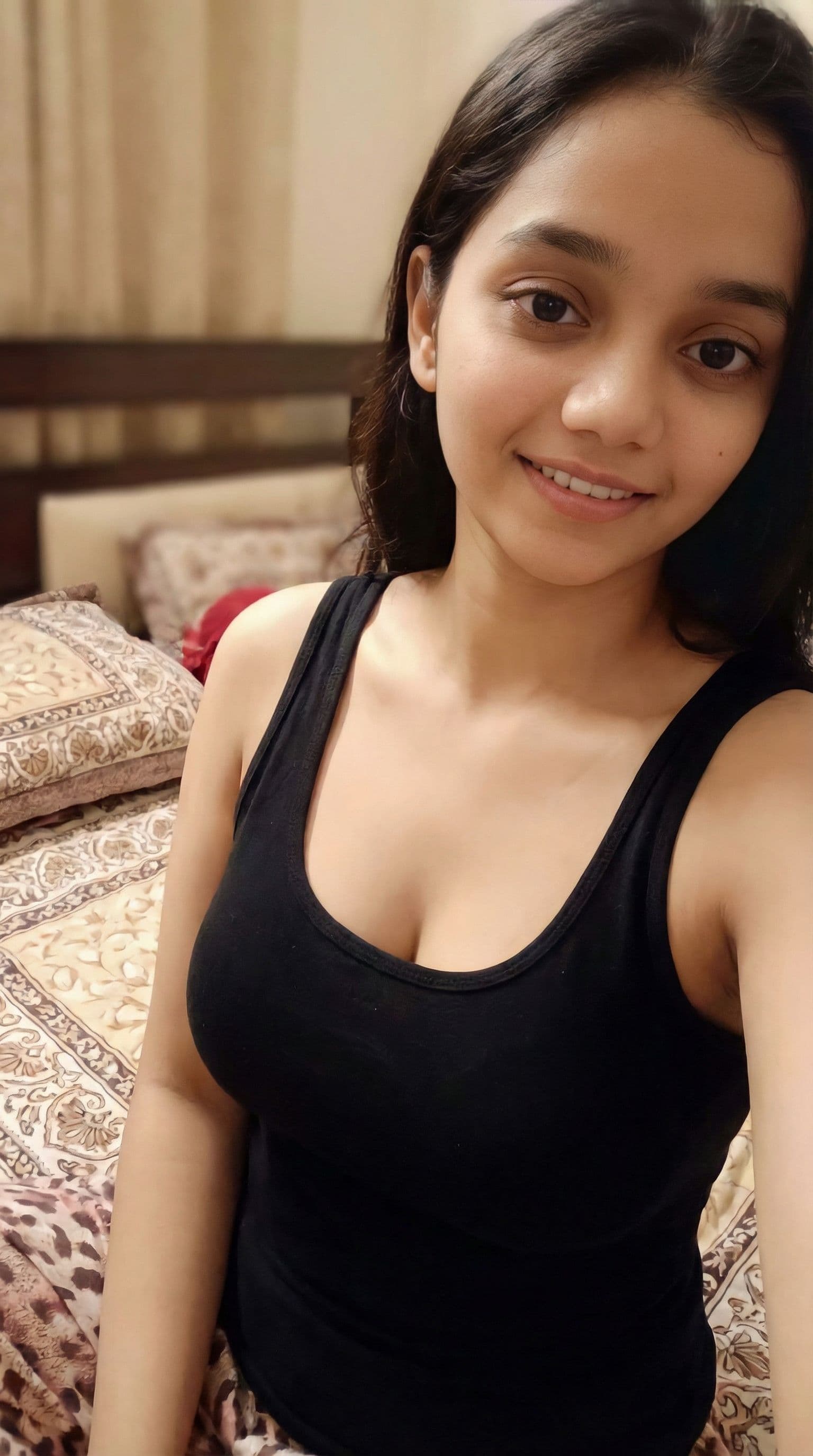 AI generated:  black tank top in sexy curvy figure seat on bed
