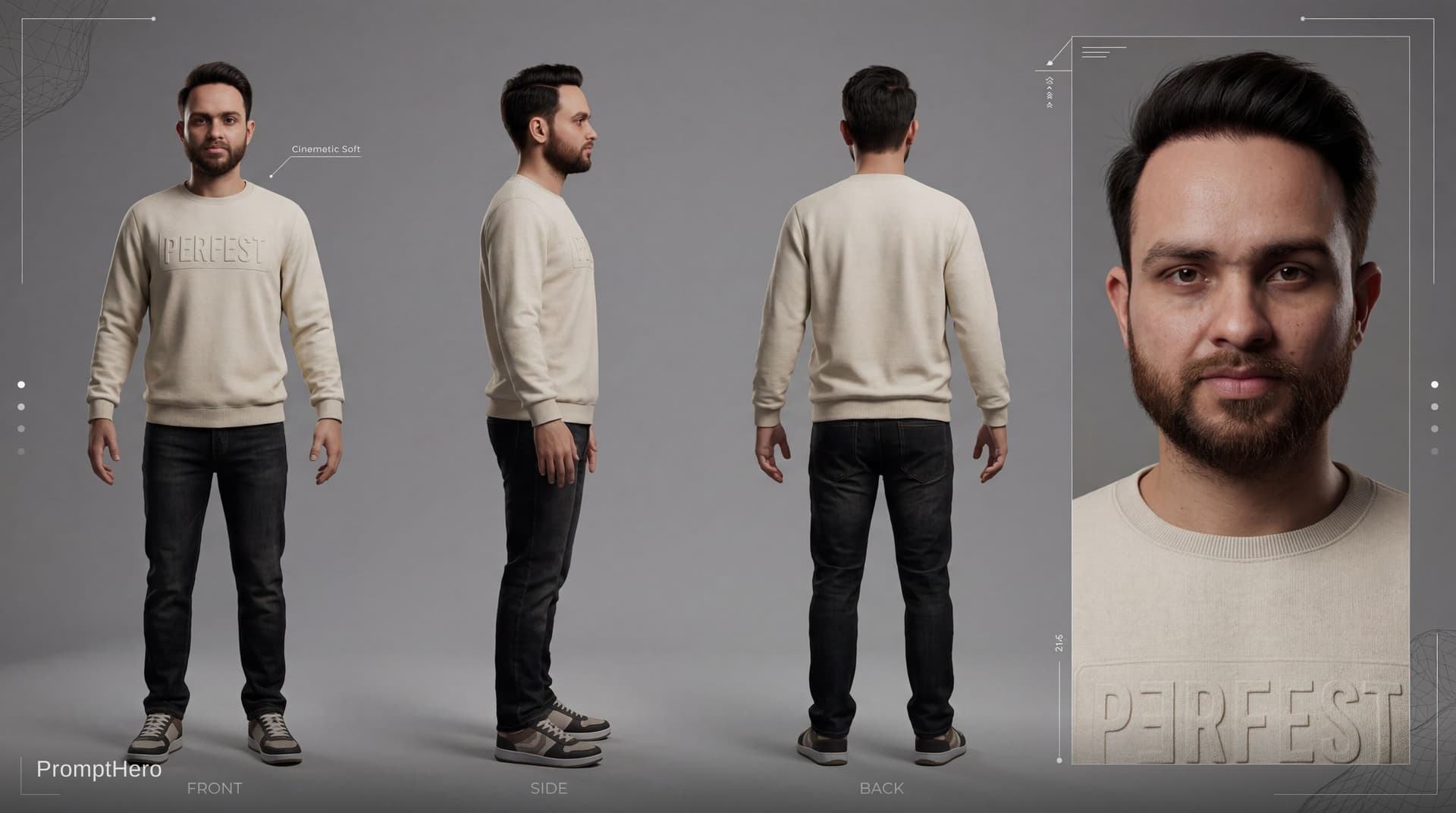 AI generated: Create a professional character turnaround sheet showing:full body front view, side view,
back view,...