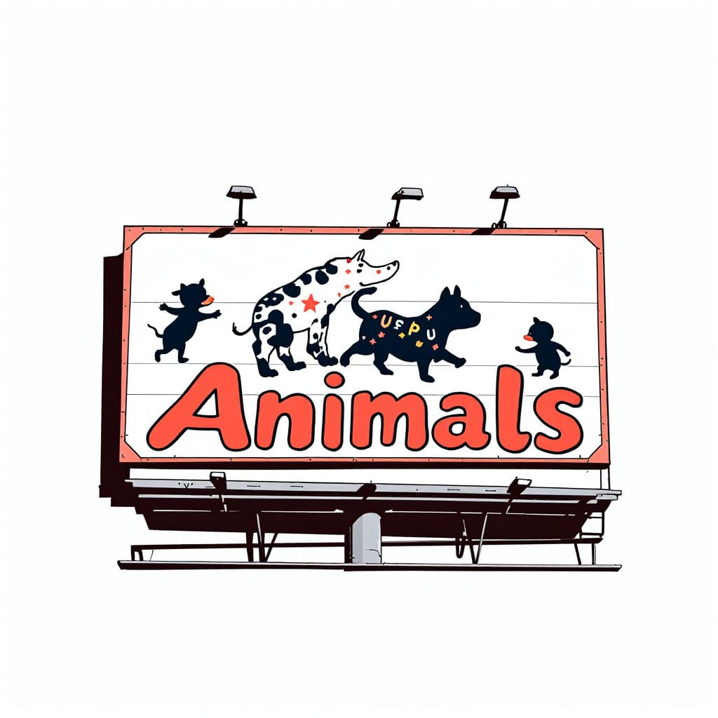AI generated: fast food ad, billboard sign, 90s, anime, japanese pop, words saying "Animals", in the style of Jami...