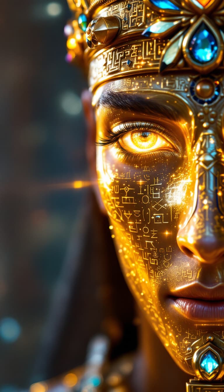 AI generated: Close-Up of the Celestial Pharaoh’s Face – A regal, godlike ruler with an intricately designed golde...