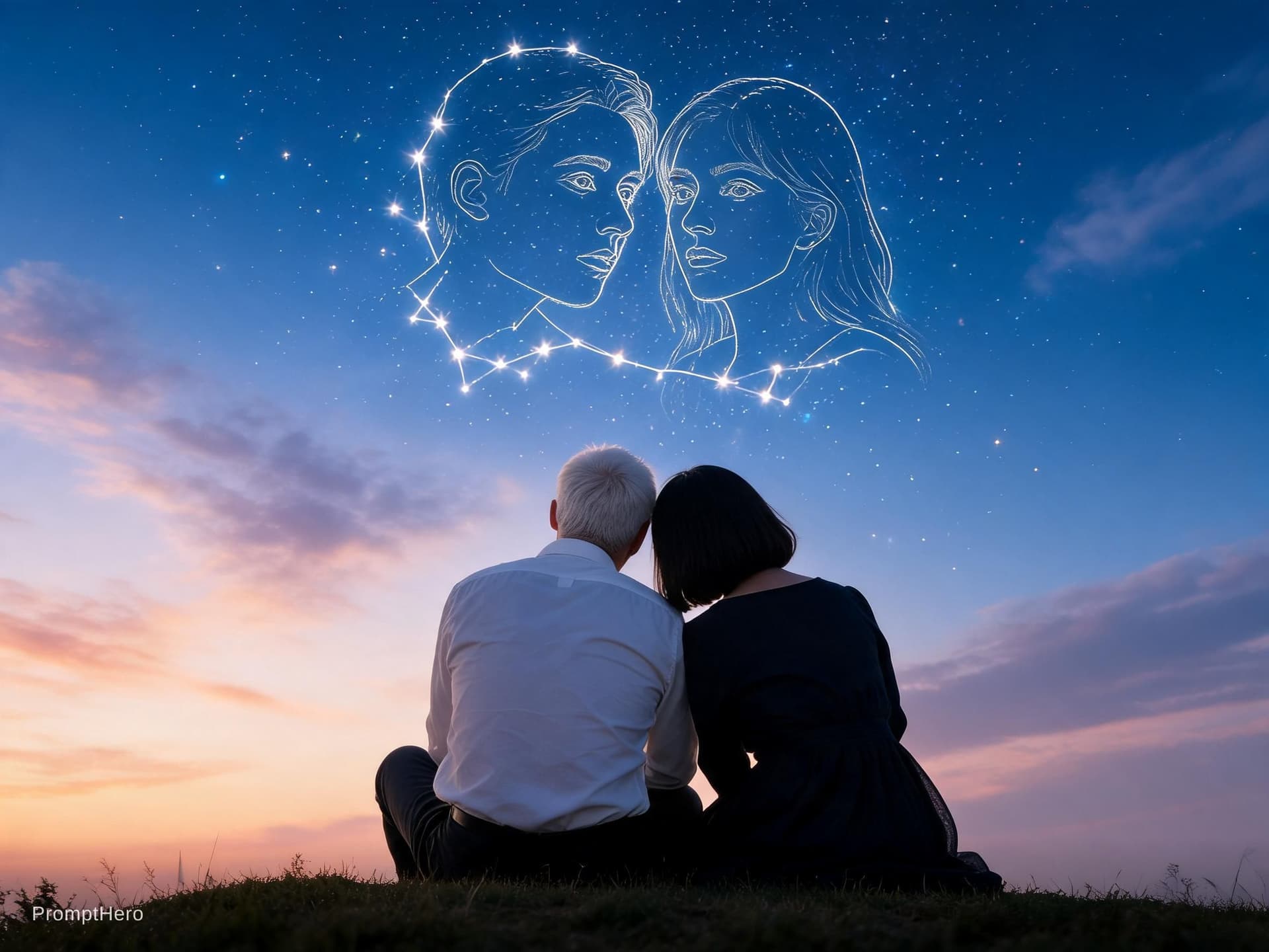 AI generated: A serene, dreamy night sky with glowing constellations forming the outline of a couple in love, thei...