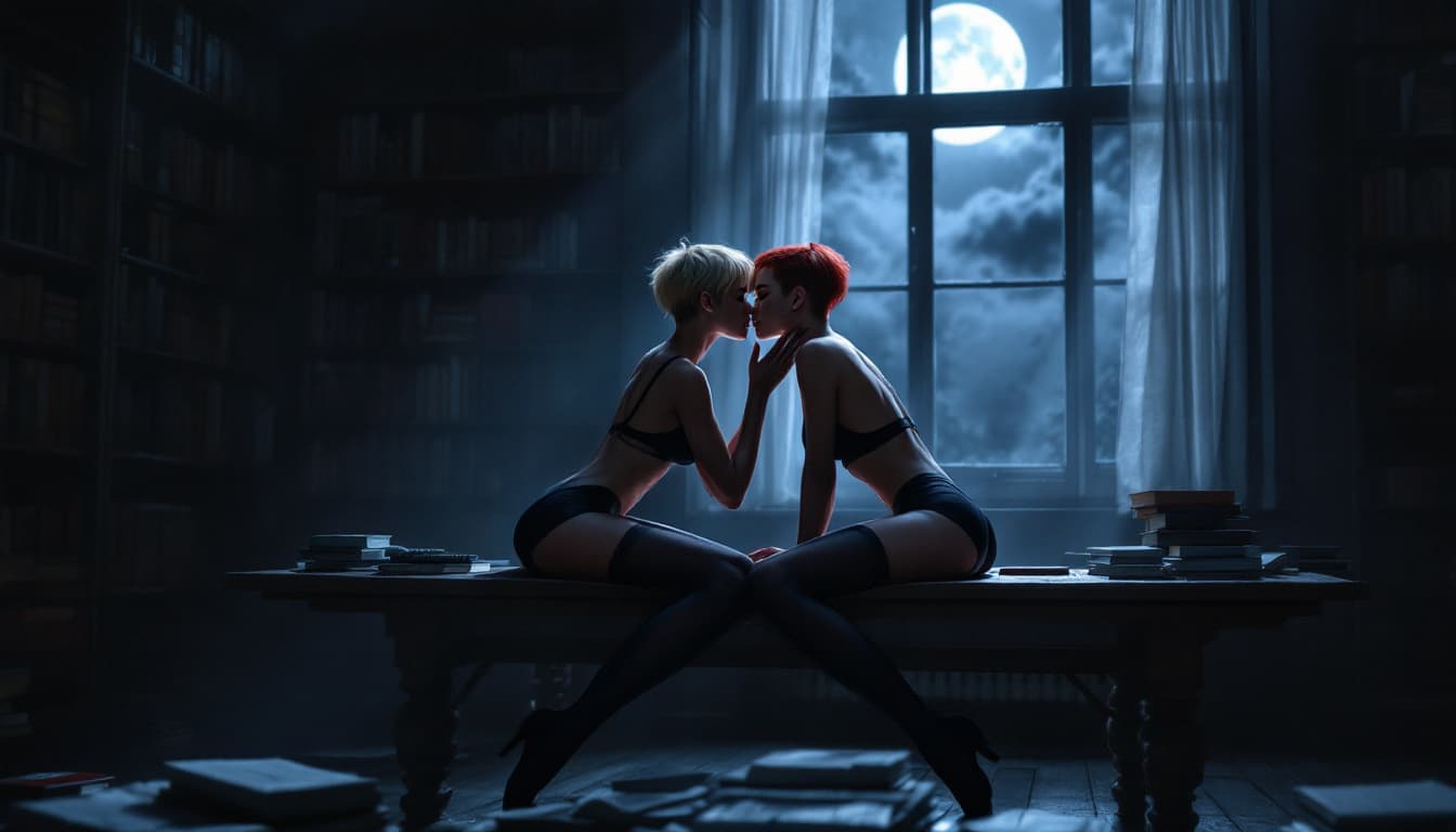 AI generated: Create a detailed, photo-realistic image of a dimly lit library at night. Moonlight streams through ...