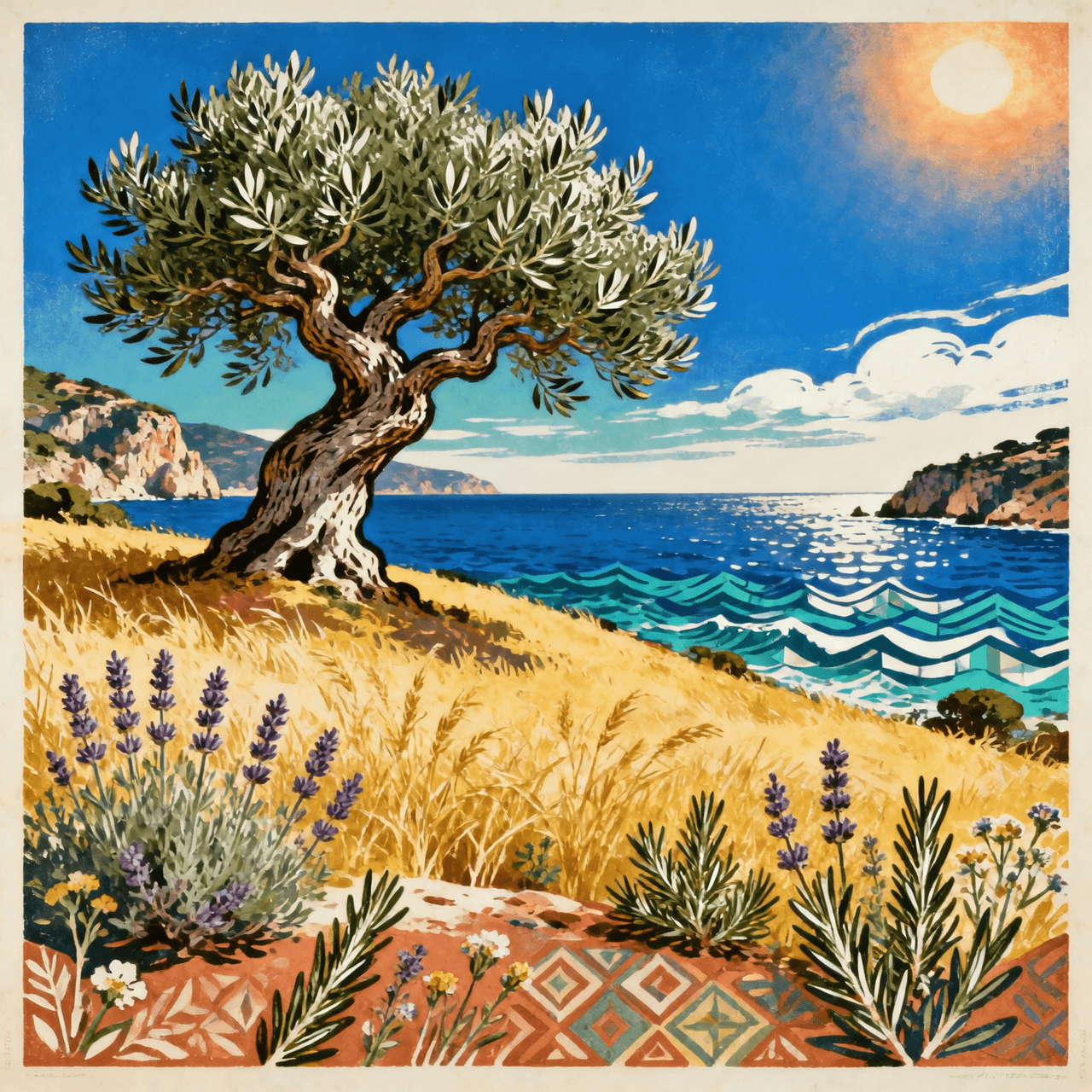 AI generated: Ultra-detailed retro Mediterranean folk art travel poster, vertical poster composition, inspired by ...