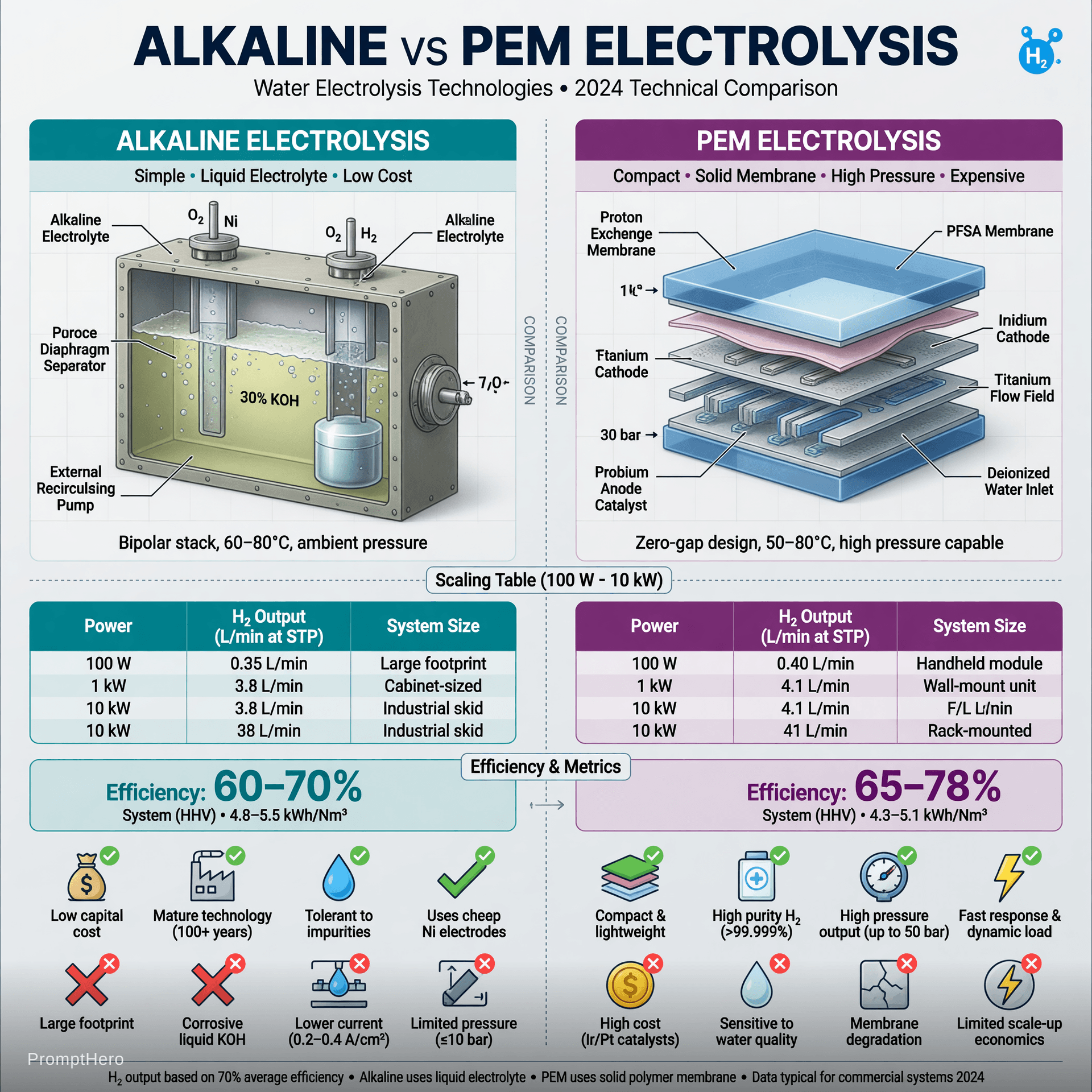 AI generated: Clean professional technical comparison chart illustration of Alkaline vs PEM Electrolysis, engineer...