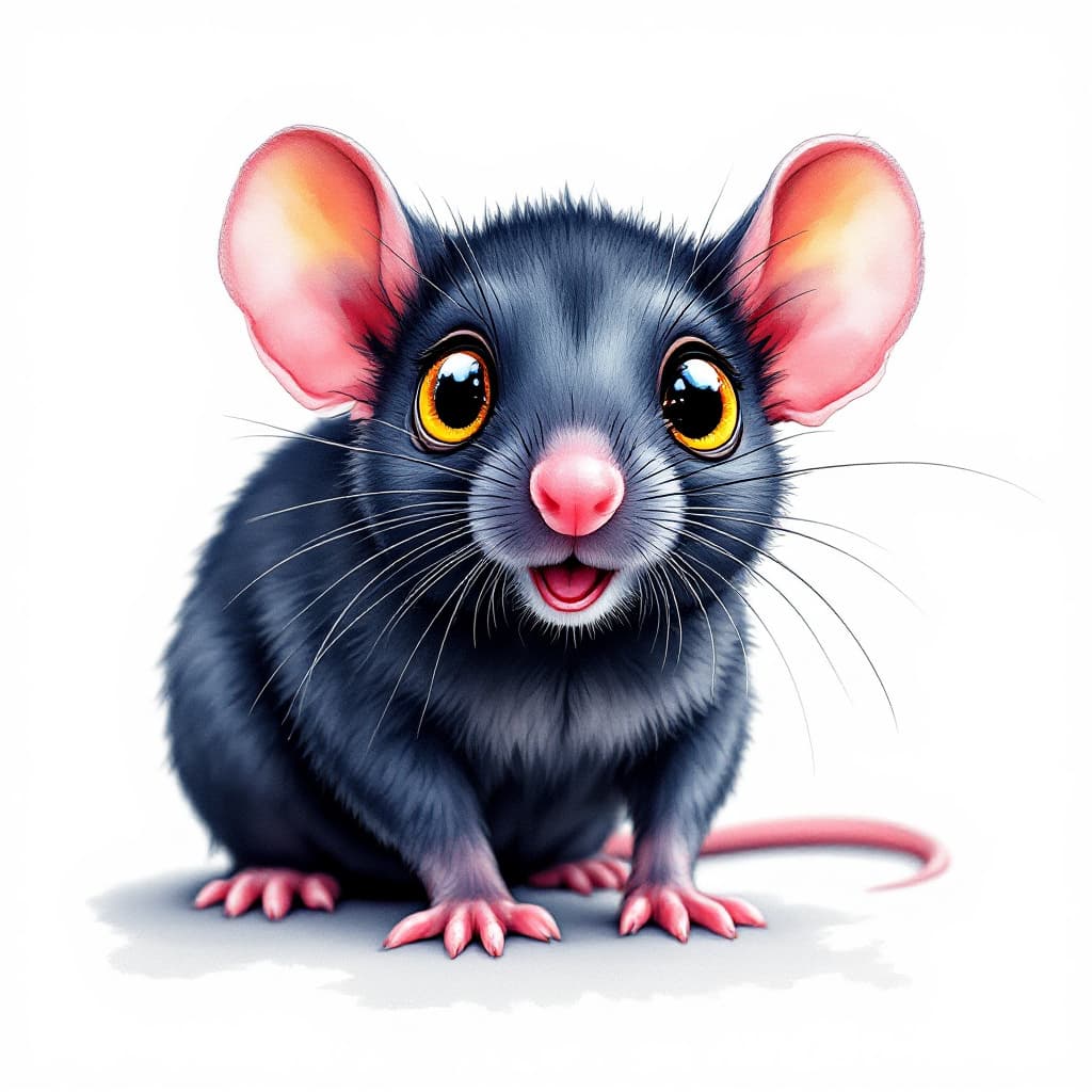 AI generated: Awesome colorful illustration, cute black baby rat, big yellow eyes , white background, watercolor, ...