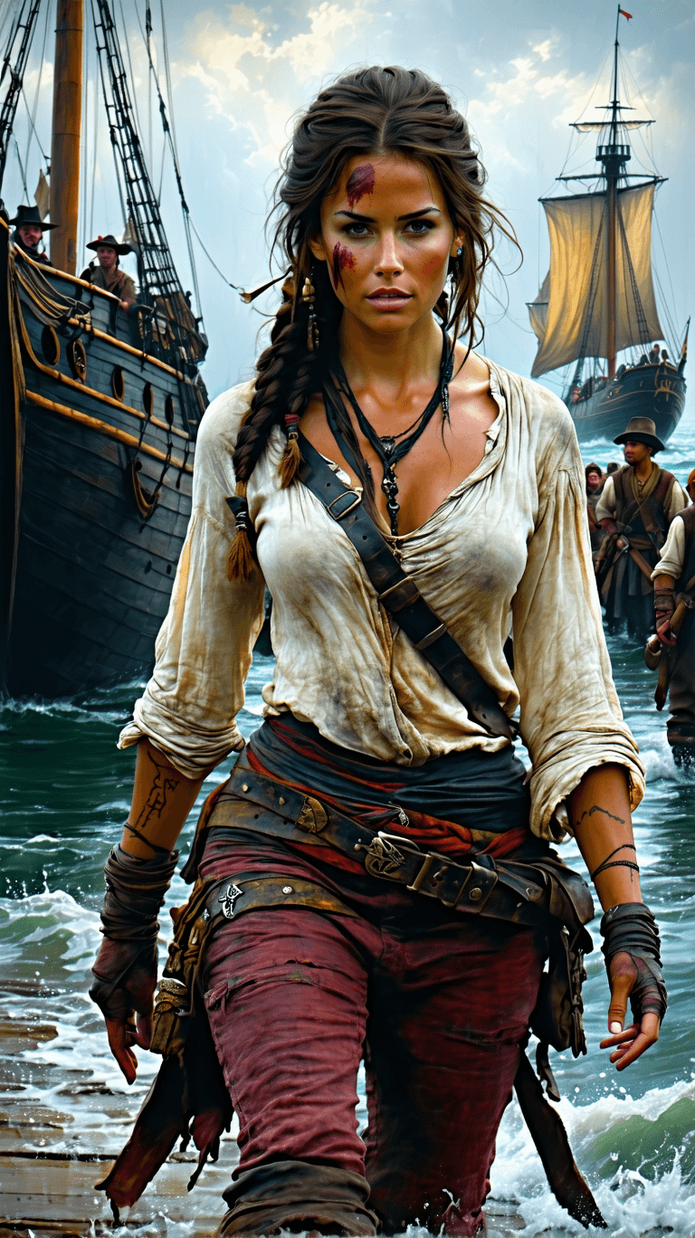 AI generated: oil painting, A resilient pirate captain, with weathered skin, a scar on her left breast, a determin...