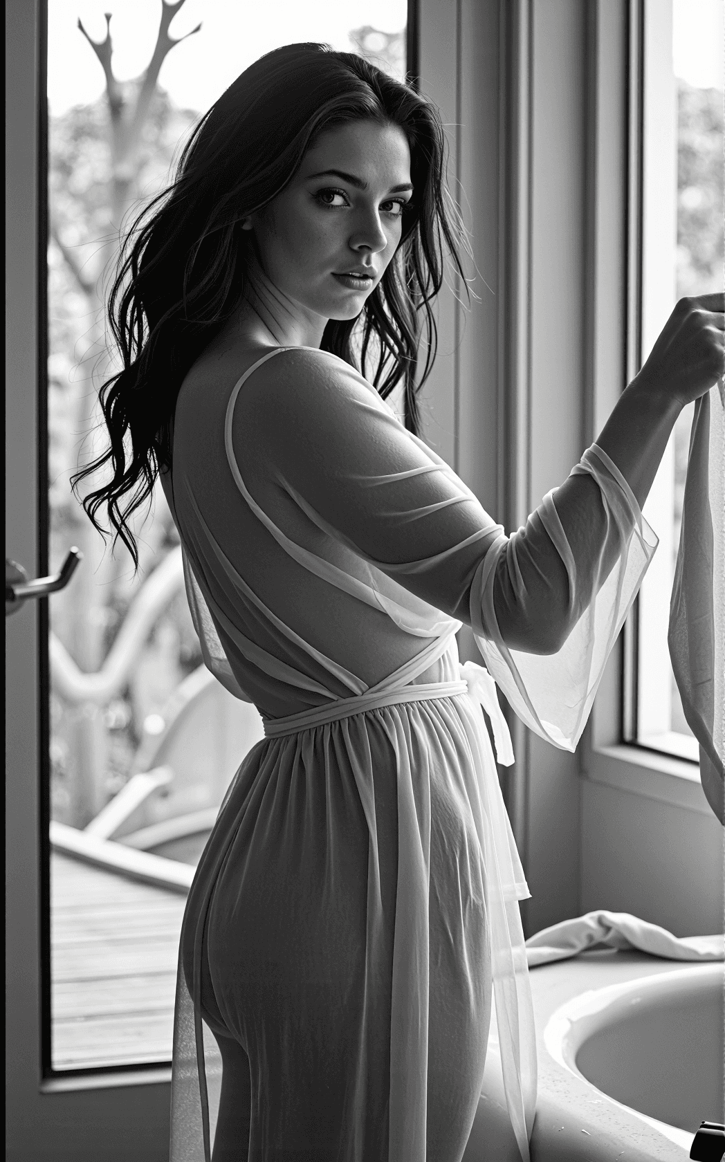 AI generated: A candid, documentary-style photograph captures a sensual housewife mid-motion, folding laundry whil...