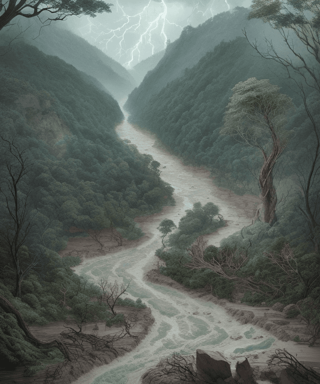 AI generated: storm,typhon,rock fill river,litter,
natural disaster in forest, flood landslide, no human character...