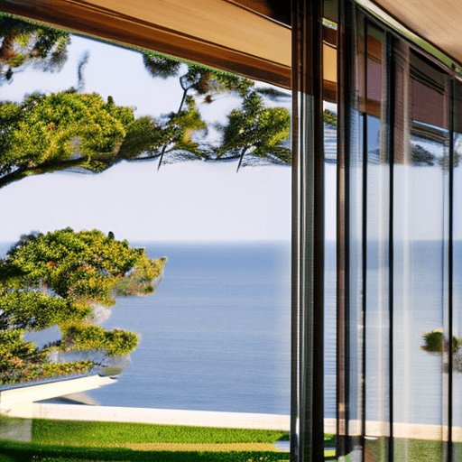 AI generated: Hyper realistic eye level exterior photo of a mid century modern style house overlooking the ocean, ...