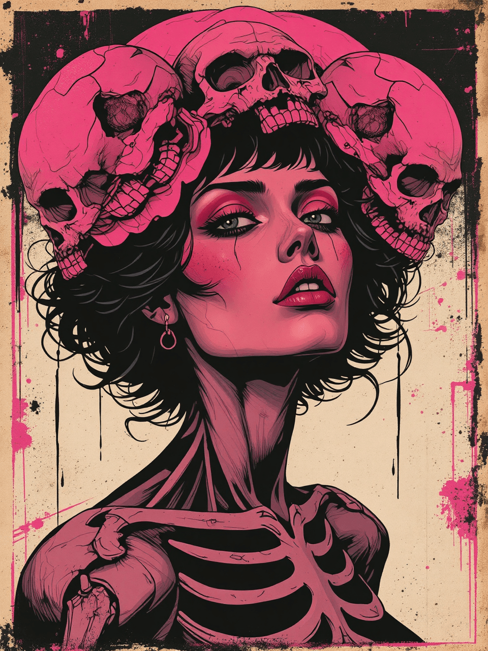 AI generated: Beautiful girl pulp fiction zombie mash up hot pink black white skulls vintage poster Portrait of a ...