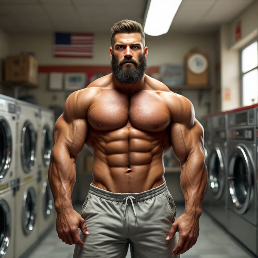 AI generated: Hyper realistic muscular man with beard wearing short cutoffs standing in a laundromat