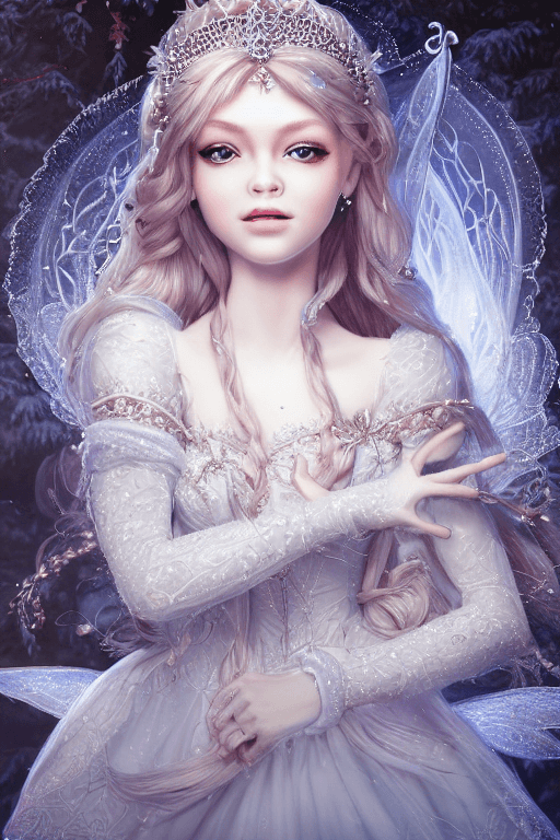 AI generated: white snow princess, highly detailed, hyper-realistic masterpiece, character design, volumetric ligh...