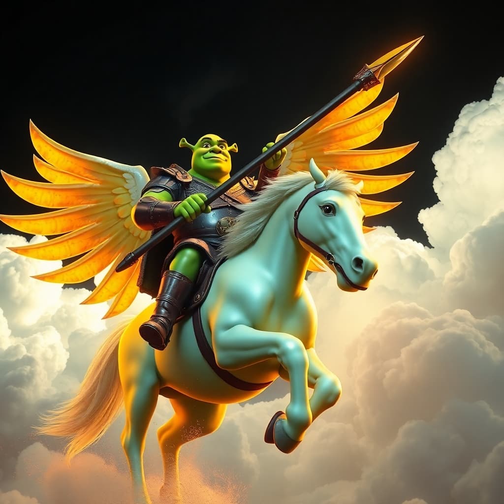 AI generated: 3D render, low angle, heroic vista of Shrek, a gladiator in Nerga armor with laser eyes, wielding a ...