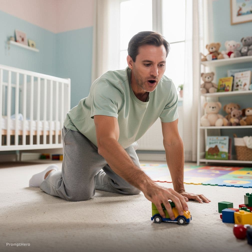 AI generated: an adult man in his 30s. he's crawling on the floor of a large baby nursery with mouth open with lip...
