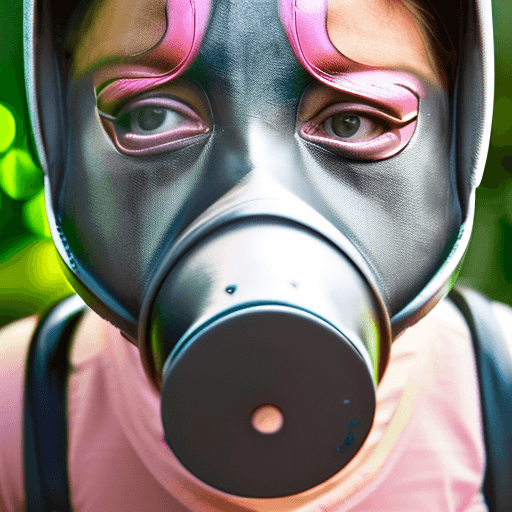 AI generated: hyper realistic photo of a 40 year old woman, wearing a latex gas mask, a latex suit with latex hood...