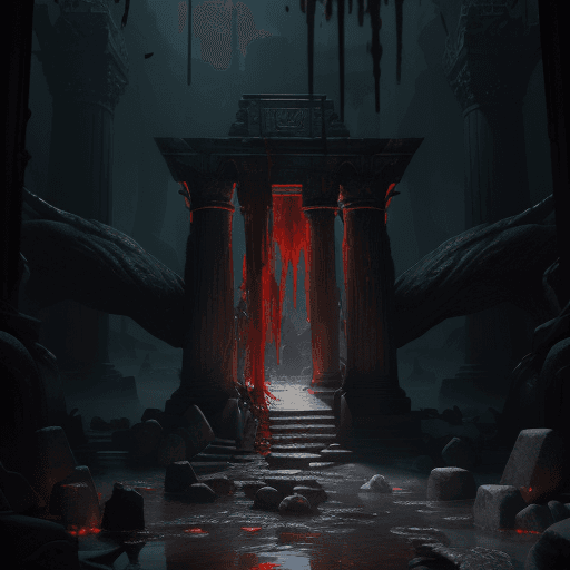 AI generated: hades temple, Styx with blood, full body, photorealistic, hyperdetailed eyes, hyperrealism extremely...