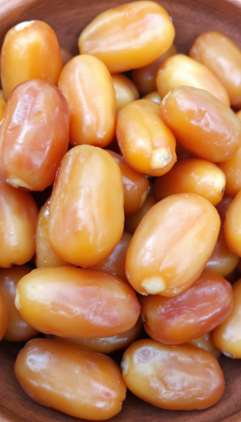 AI generated: A wooden bowl filled with plump, golden dates, arranged naturally to emphasize their richness and fr...