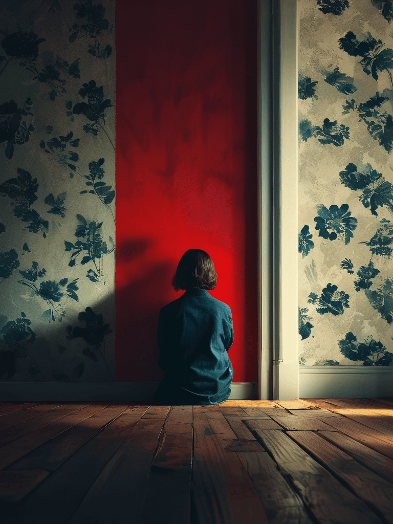AI generated:  A moody, hyper realistic and, cinematic scene of (((young))) girl sitting on a wooden floor in a di...