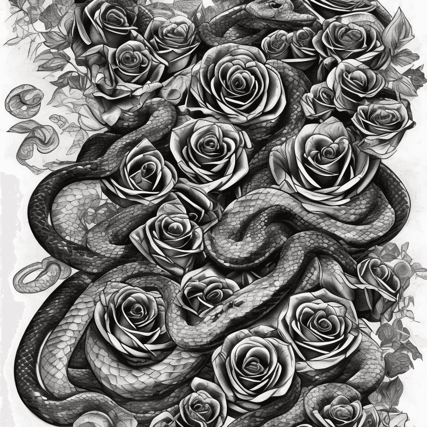 AI generated: snakes, tattoo sketch, smooth transitions, black patterns, more details, more flowers, pions, roses