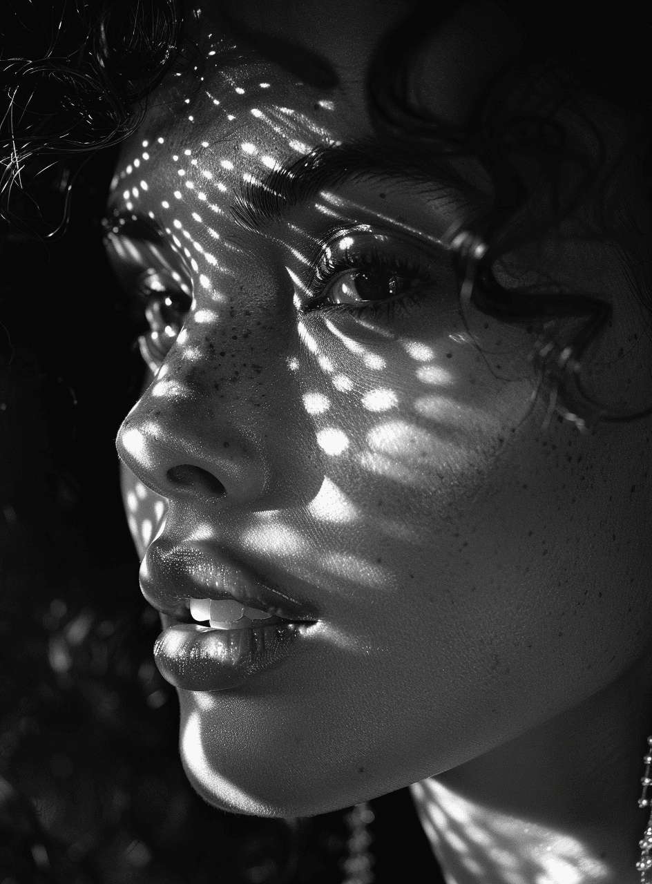 AI generated: a black and white photo of a woman with earrings and a smile, in the style of high quality photo, ma...