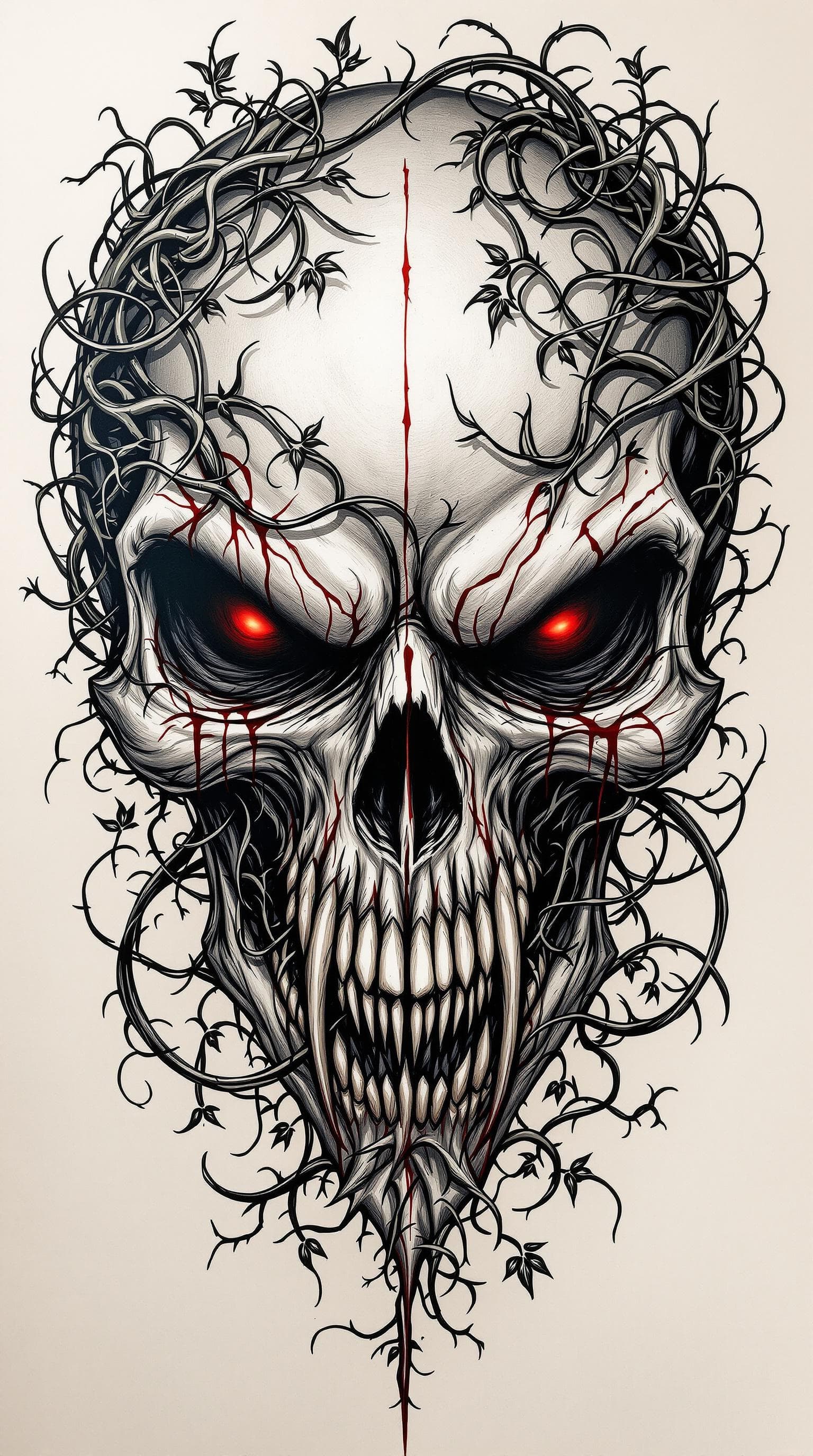 AI generated: large, intricate tattoo of an evil looking vampire skull with detailed bone structure and red tatooe...
