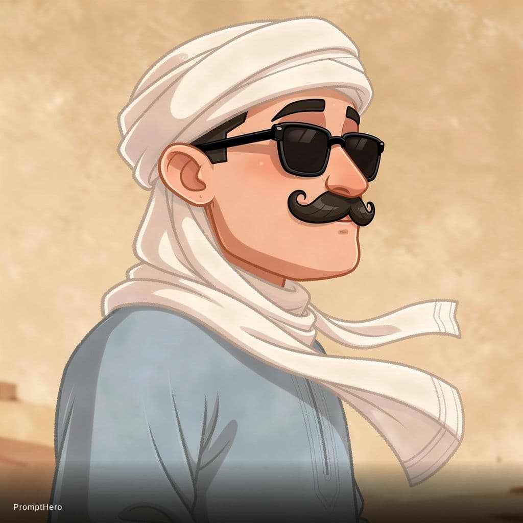 AI generated: Cartoon Sa’idi man, three-quarter view (right side dominant), top-down perspective slightly above an...