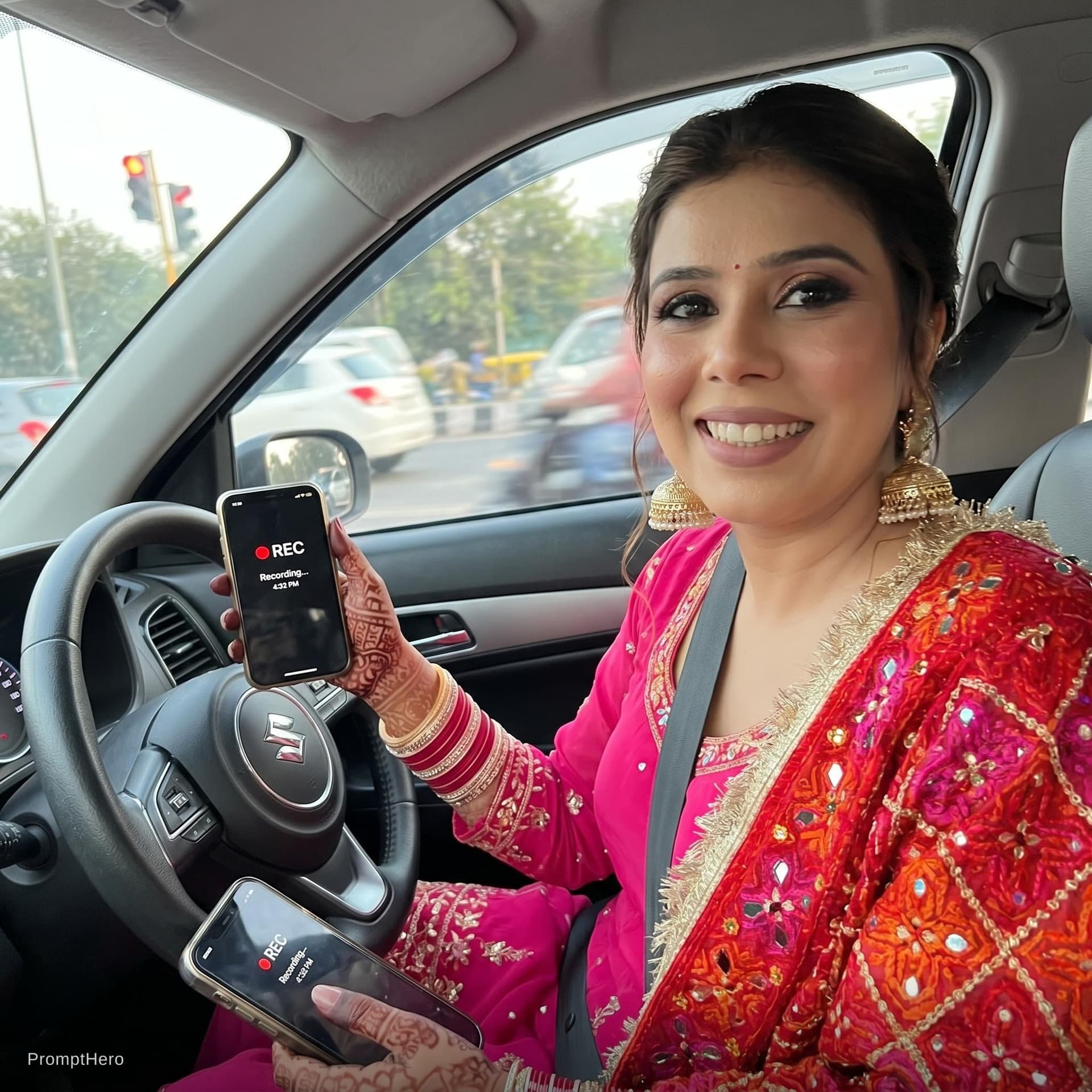 AI generated: this woman, but inside the car in the driver's seat, recording herself in selfie mode