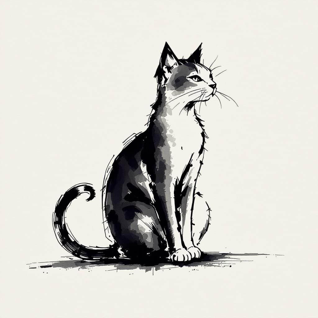 AI generated: ink drawing, sitting cat, sumi-e style on paper texture, monochromatic calligraphic brushwork, curve...