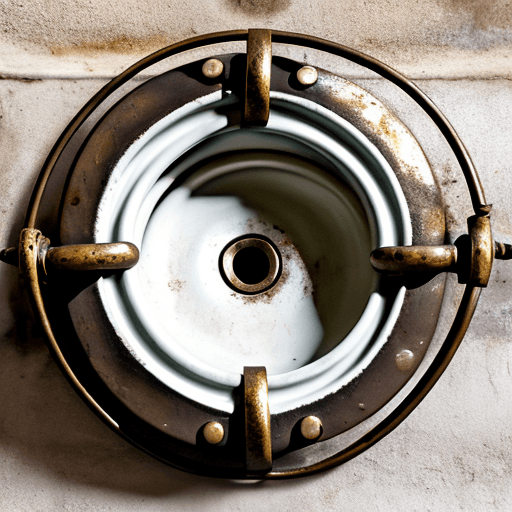 AI generated: old bronze plughole grill surrounded by white enamel 