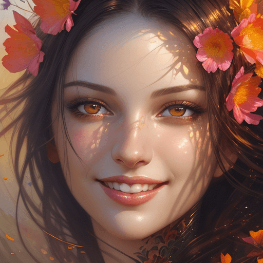 AI generated: Beautiful Woman with a smile appears from colorful flowers, cinematic lighting, photo realistic, by ...