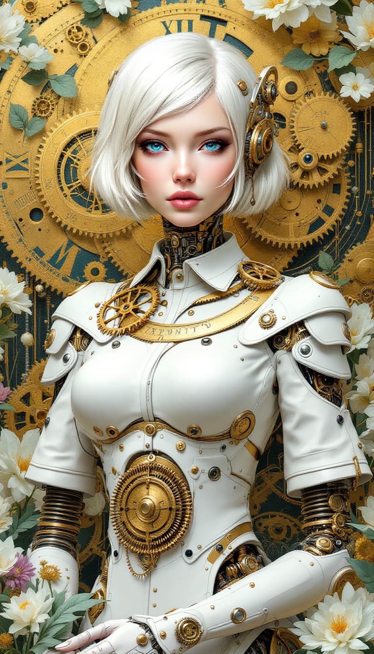 AI generated: "Pearl Automaton in a Clockwork Garden": A dynamic abstract painting presents an automaton, with a b...