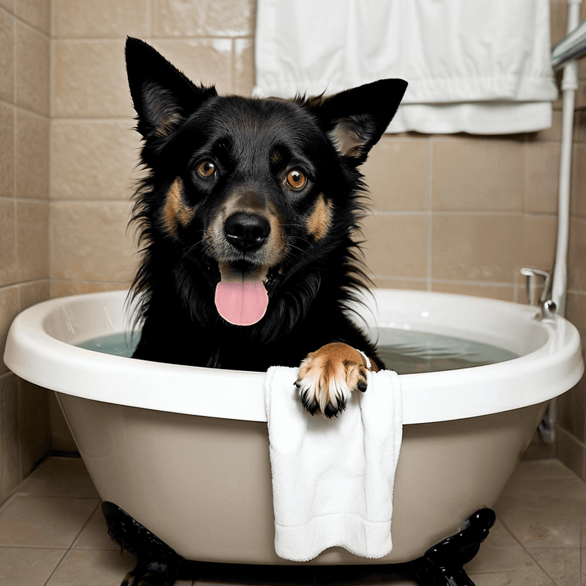 AI generated: Create an image resembling a low-resolution photograph of a dog during its bath. The image should ca...