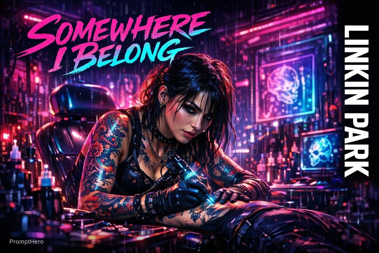 AI generated: A bold and edgy cinematic portrait of a female tattoo artist working in a futuristic cyberpunk studi...