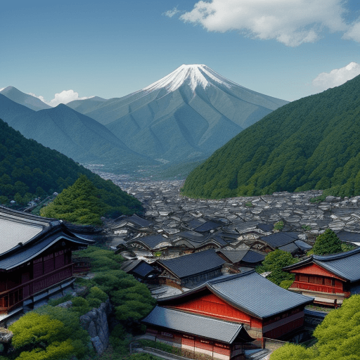 AI generated: japanese mountain countryside small town, landscape,