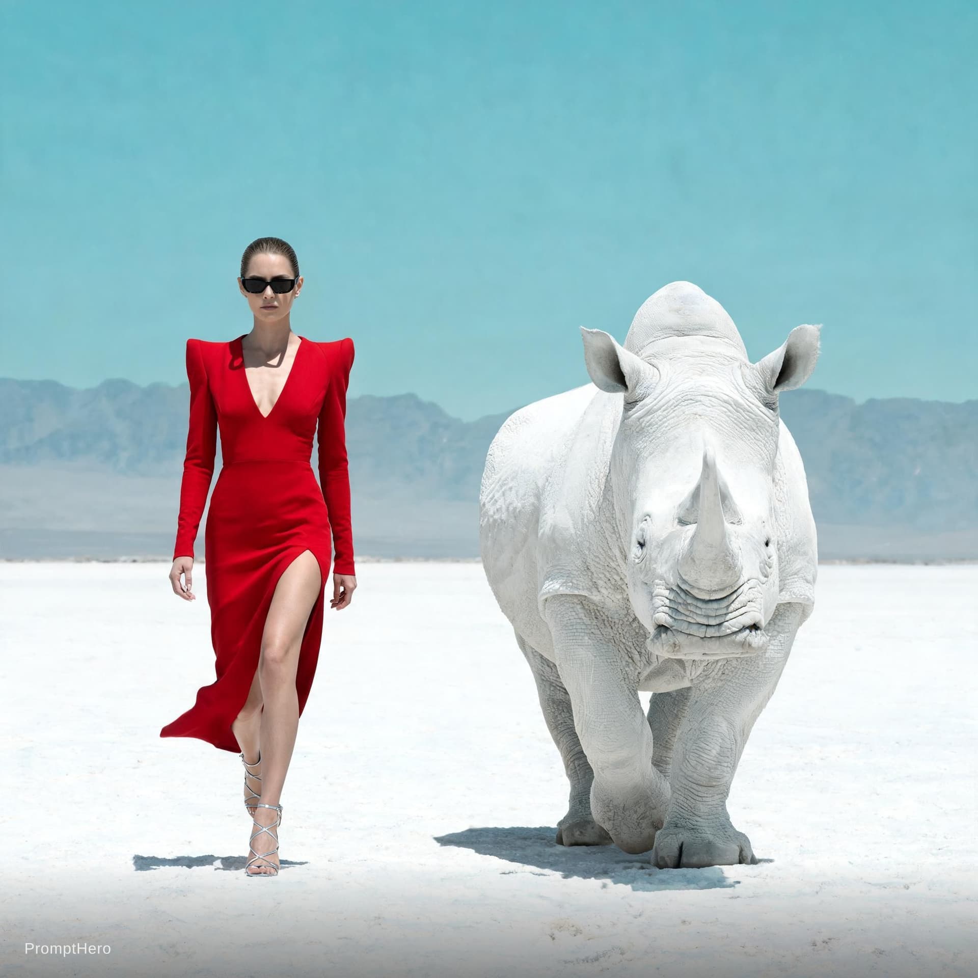 AI generated: {
  "scene": {
    "type": "editorial fashion surrealism",
    "location": "barren white desert with...