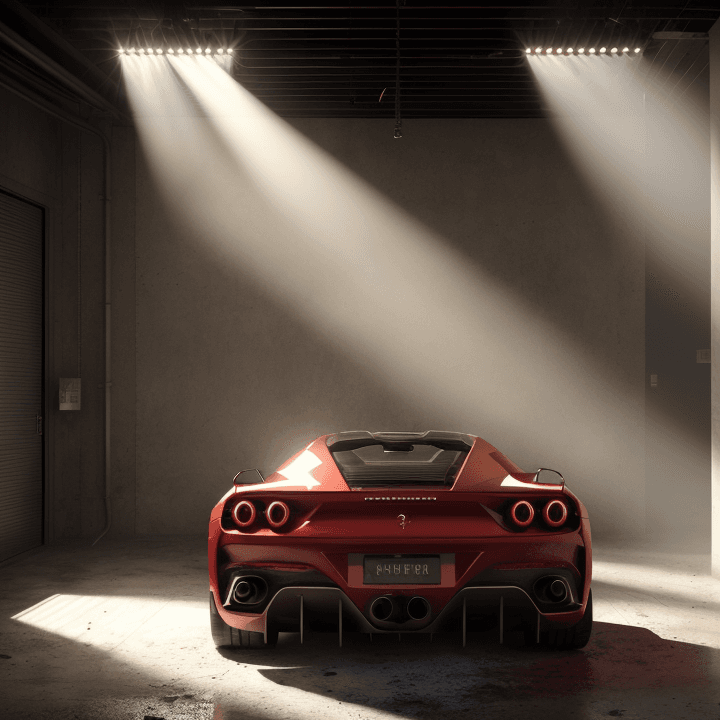 AI generated: 90's found footage vhs, film grain, film noise, realistic, cinematic, red Ferrari in a huge garage ,...