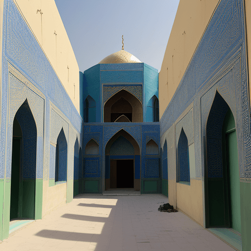 AI generated: A3 floor building in Isfahan, nearby a mosque, end of a small alley, at noon