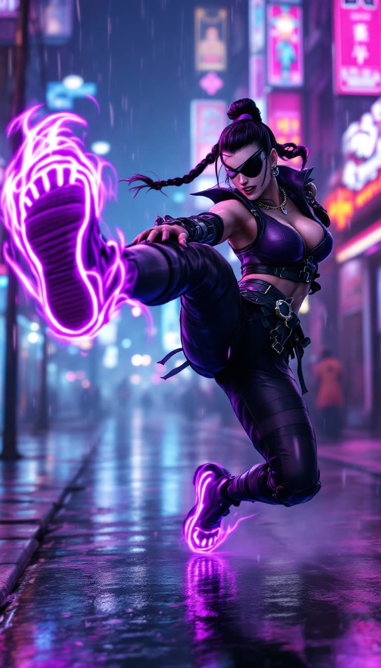 AI generated: "A hyperrealistic cinematic animation of Juri from Street Fighter 6, showcasing her iconic punk-insp...