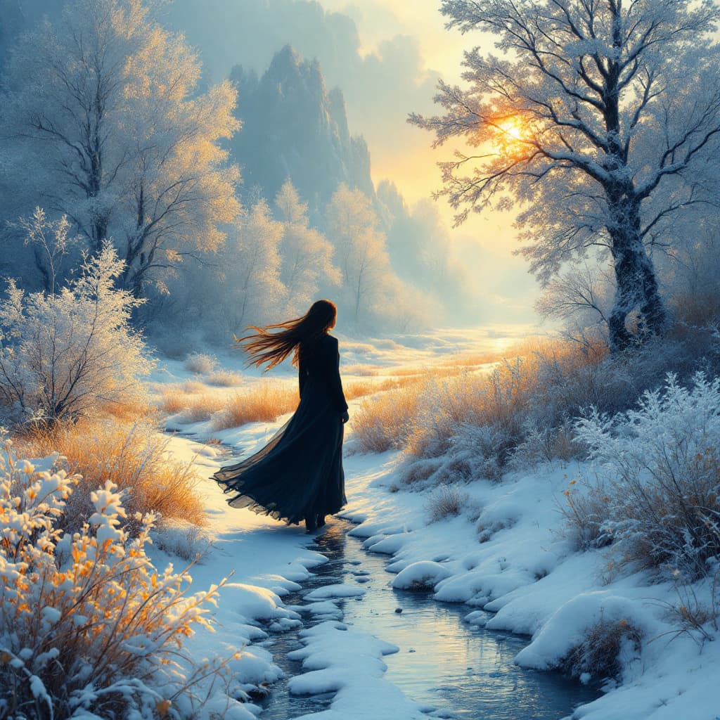 AI generated: a woman walking through a frozen landscape, in the style of ethereal trees, dark yellow and azure, m...