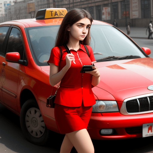 AI generated: tajik girl with red clothes in taxi with his phone in hand 
